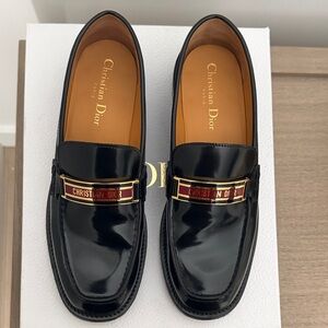 Dior Glossy Black Leather Loafers with Gold Accent
